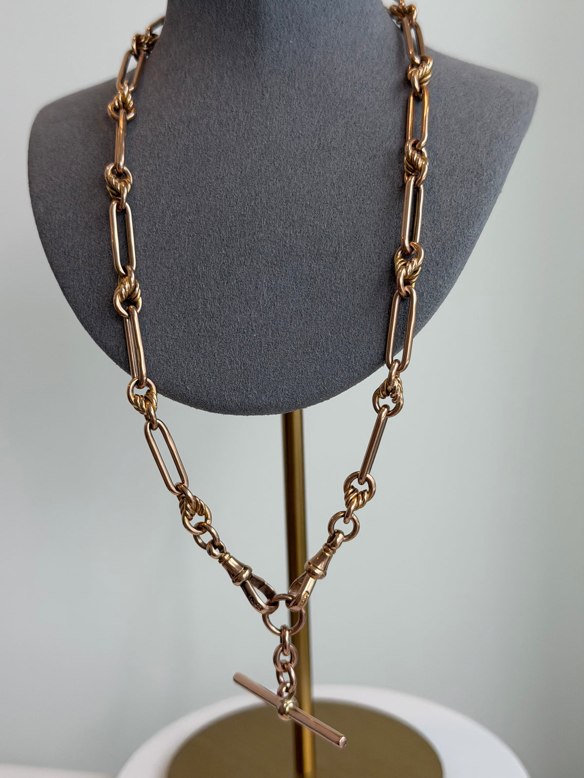 ANTIQUE 9CT GOLD TROMBONE & LOVERS KNOT ALBERT CHAIN