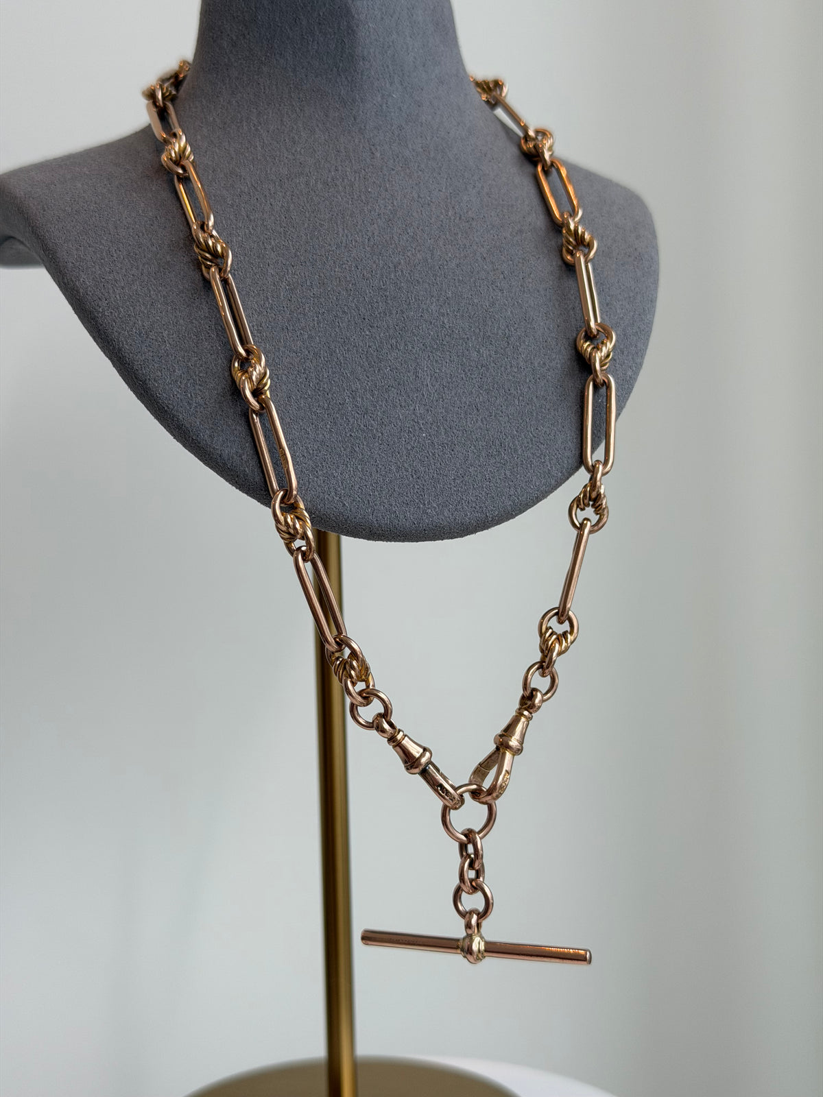 ANTIQUE 9CT GOLD TROMBONE & LOVERS KNOT ALBERT CHAIN