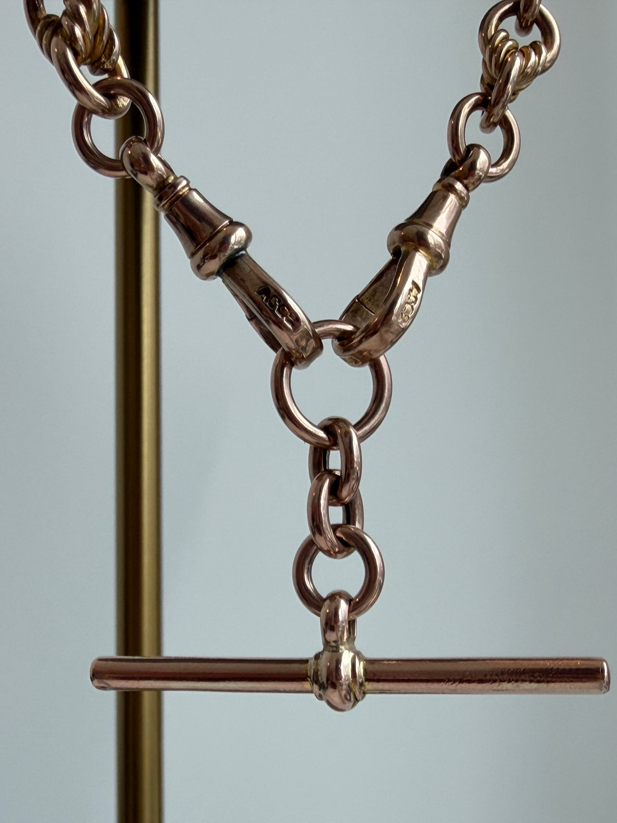 ANTIQUE 9CT GOLD TROMBONE & LOVERS KNOT ALBERT CHAIN