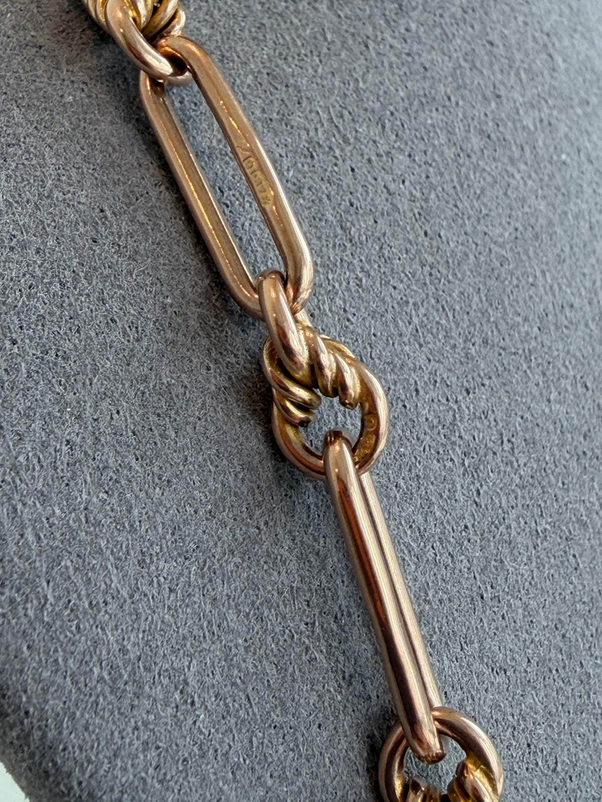 ANTIQUE 9CT GOLD TROMBONE & LOVERS KNOT ALBERT CHAIN