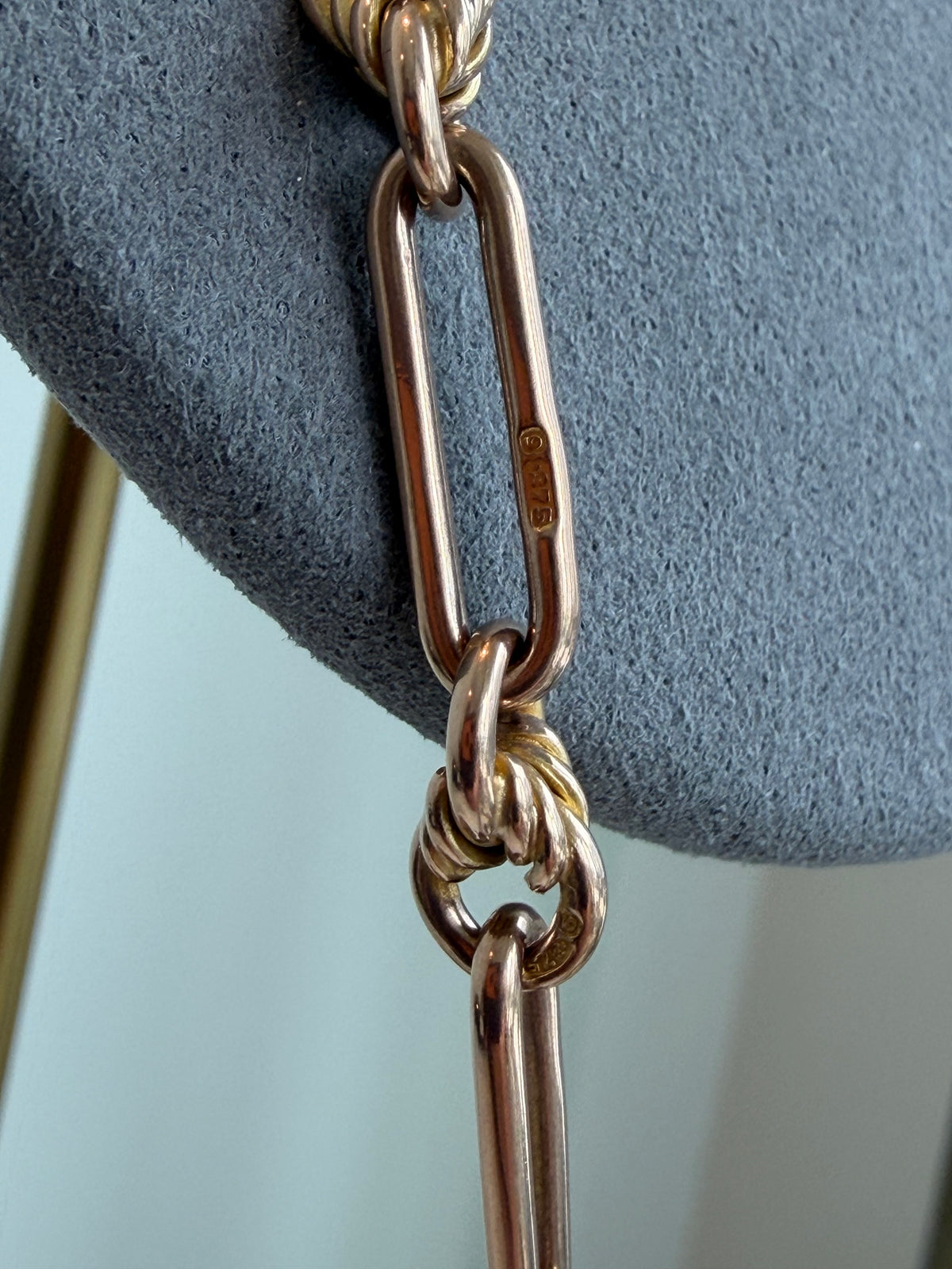 ANTIQUE 9CT GOLD TROMBONE & LOVERS KNOT ALBERT CHAIN