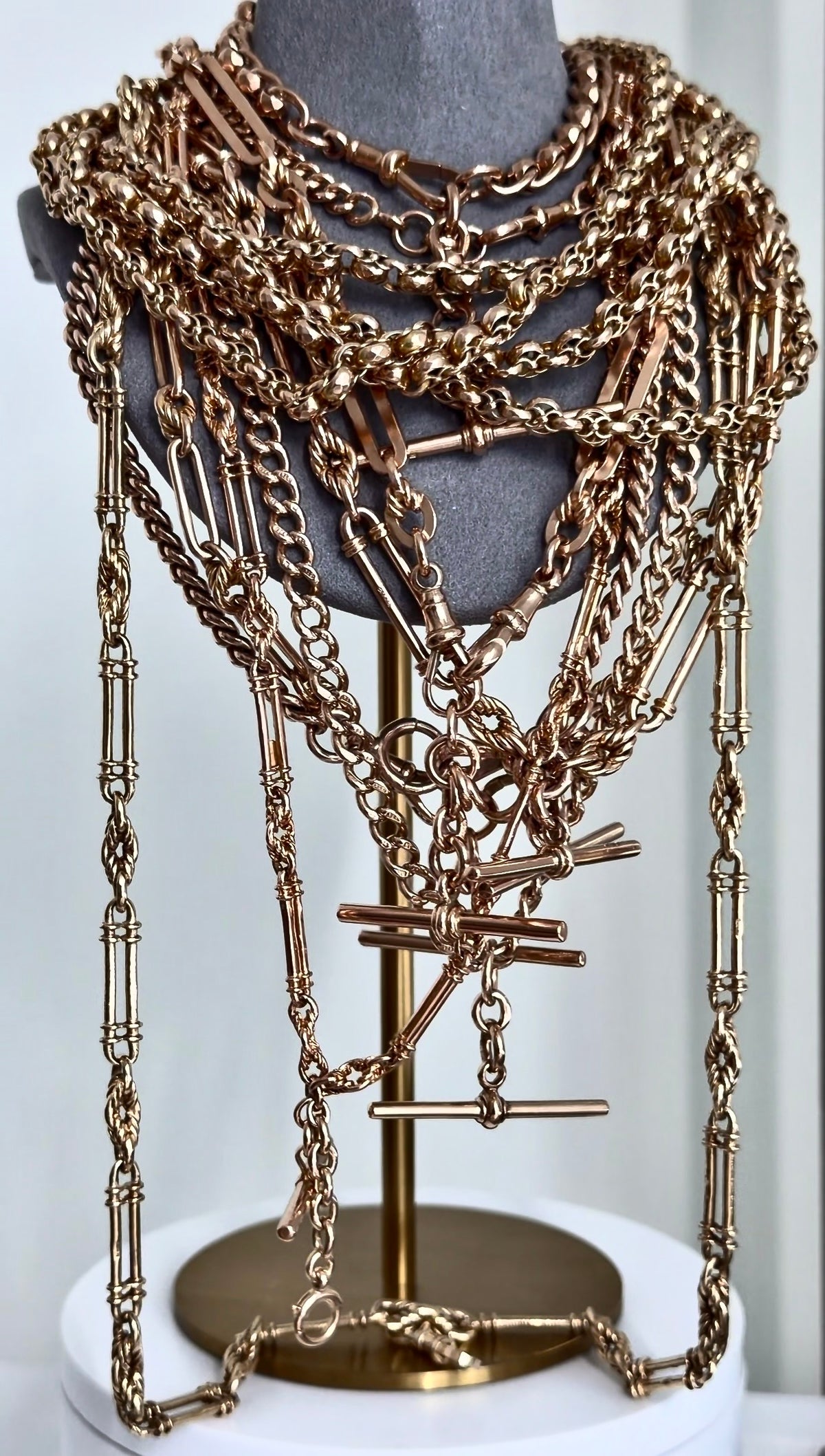 ANTIQUE 9CT GOLD TROMBONE & LOVERS KNOT DOUBLE ALBERT —BIRMINGHAM 1917