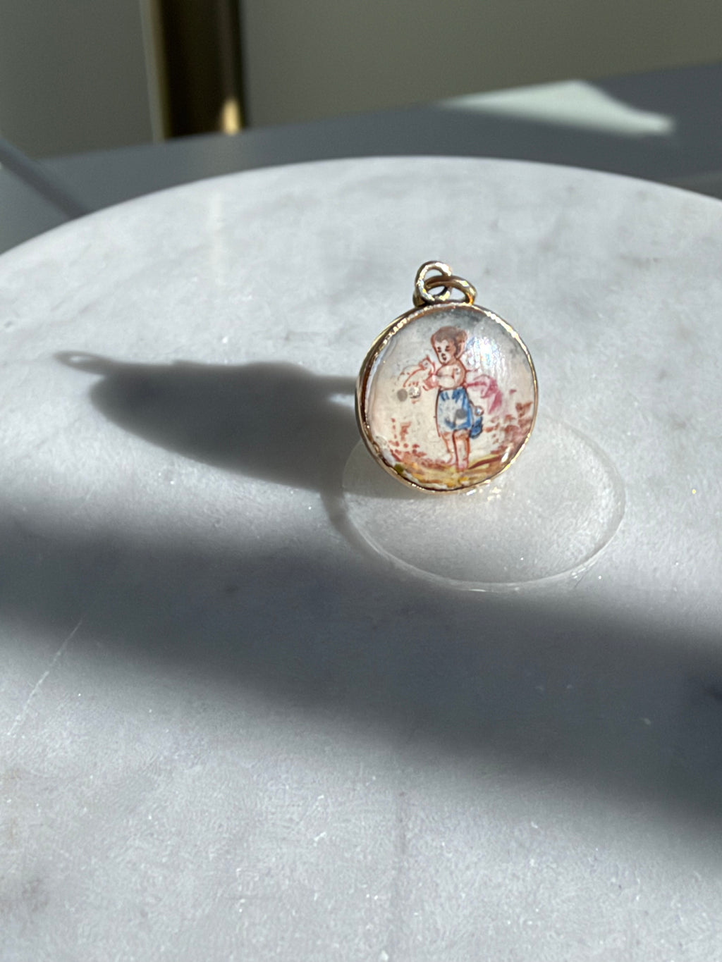 ANTIQUE 14K GOLD HAND-PAINTED ENAMEL CHERUB + 9CT GOLD SWIVEL DOG CLIP. Pendant