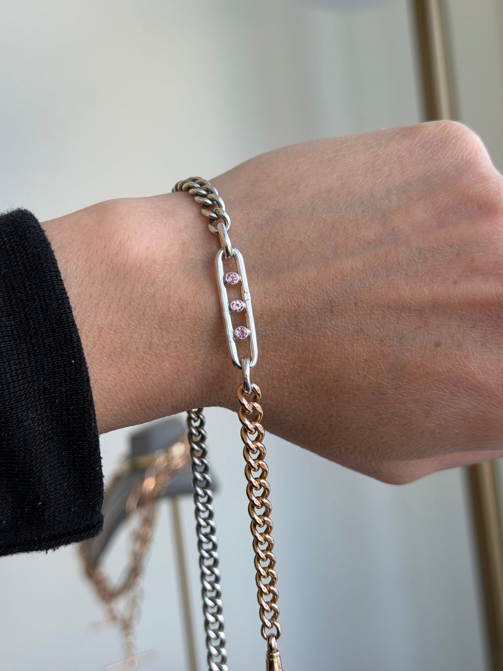 Antique 9ct gold, sterling silver and three pink tourmaline bracelet
