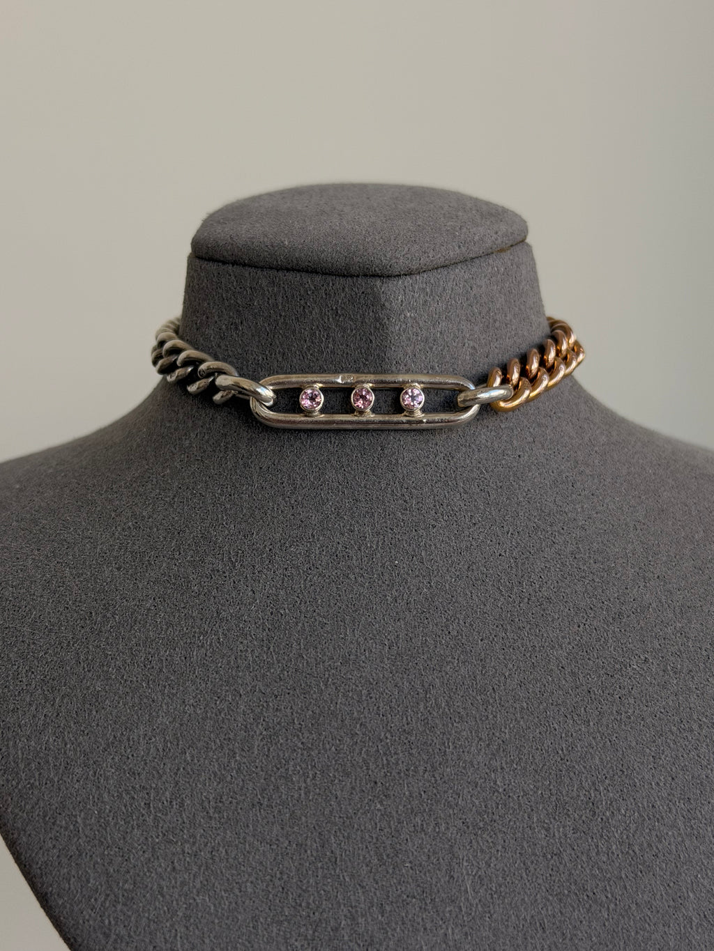 Antique 9ct gold, sterling silver and three pink tourmaline bracelet