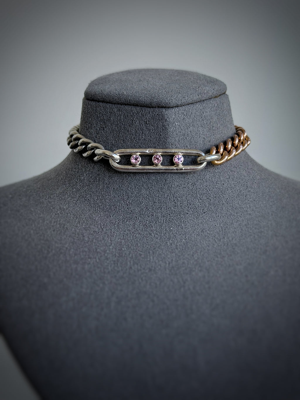 Antique 9ct gold, sterling silver and three pink tourmaline bracelet
