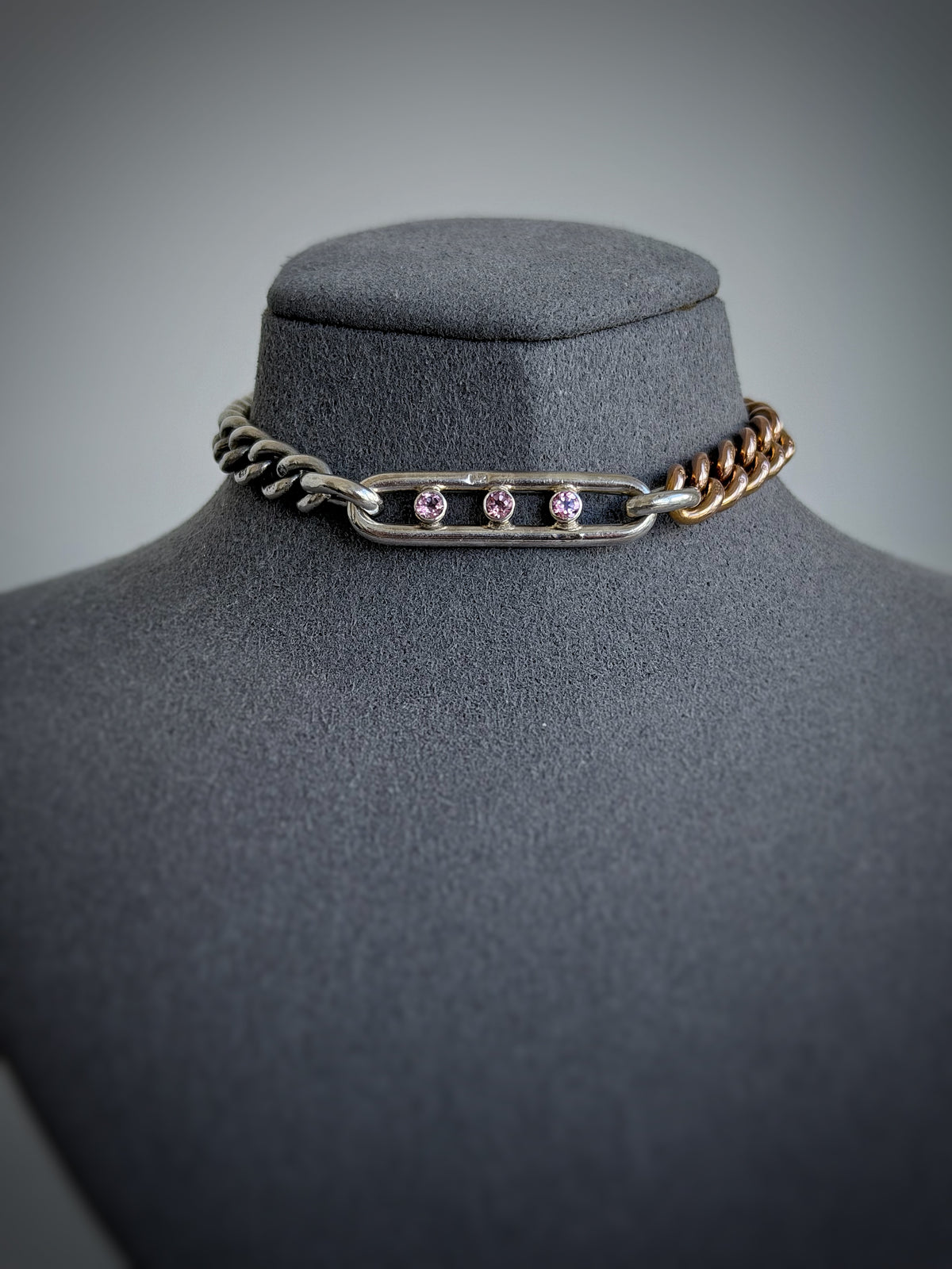 Antique 9ct gold, sterling silver and three pink tourmaline bracelet