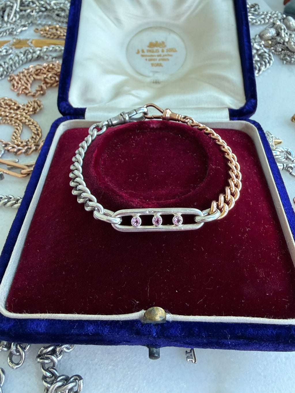Antique 9ct gold, sterling silver and three pink tourmaline bracelet