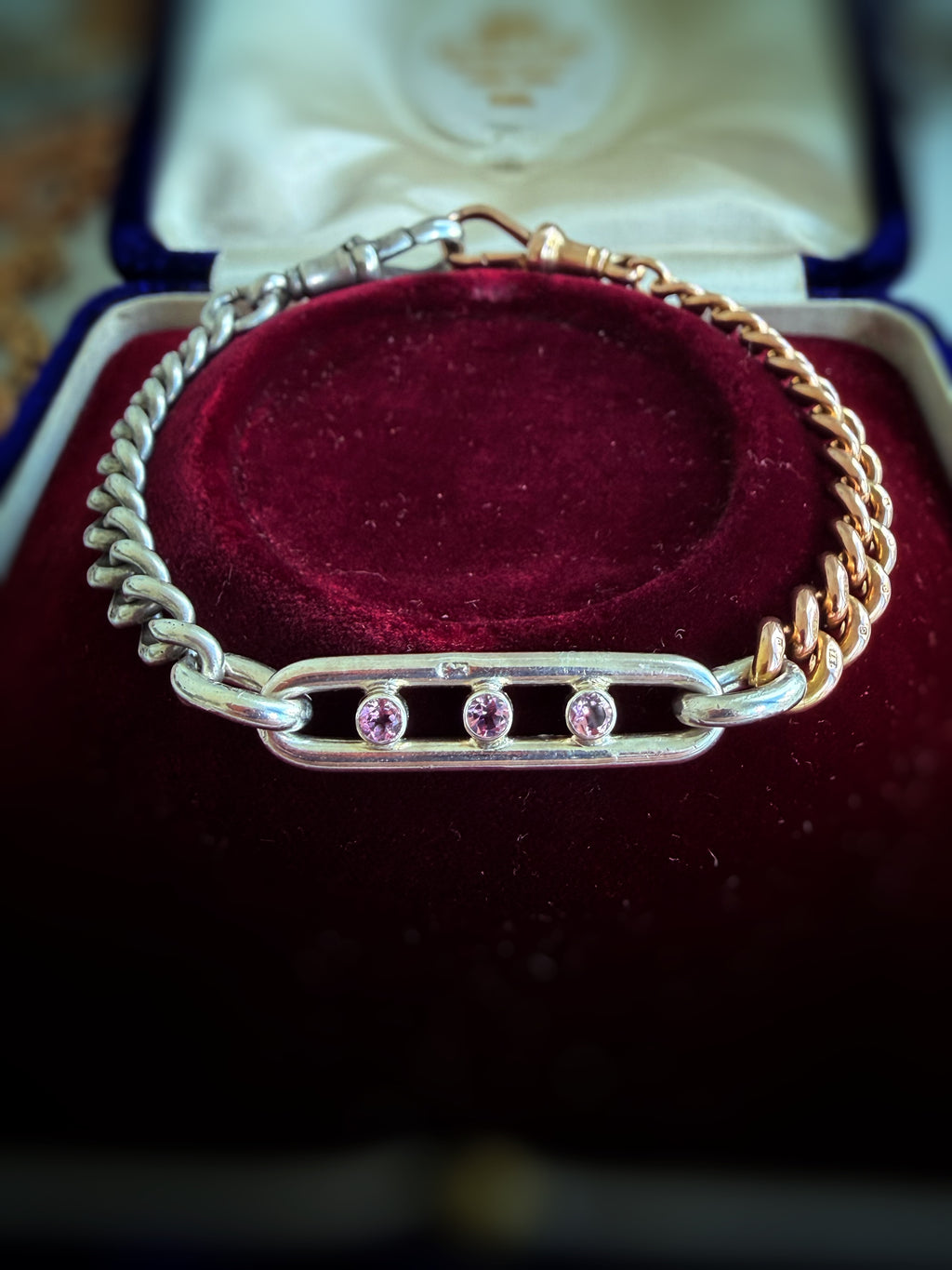Antique 9ct gold, sterling silver and three pink tourmaline bracelet