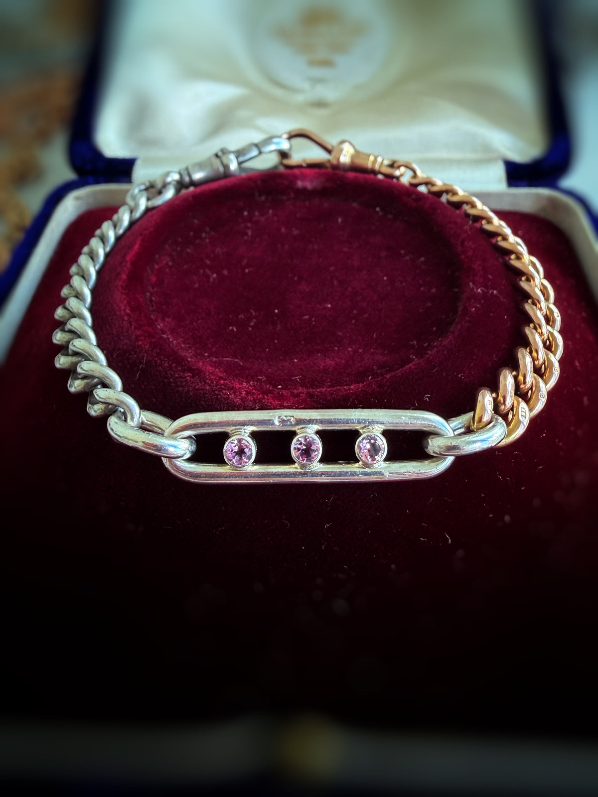 Antique 9ct gold, sterling silver and three pink tourmaline bracelet