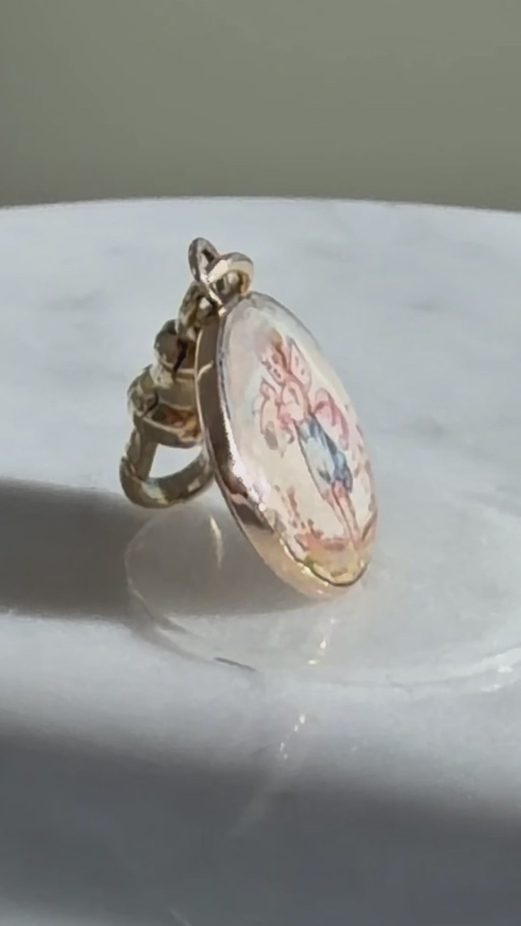 ANTIQUE 14K GOLD HAND-PAINTED ENAMEL CHERUB + 9CT GOLD SWIVEL DOG CLIP. Pendant