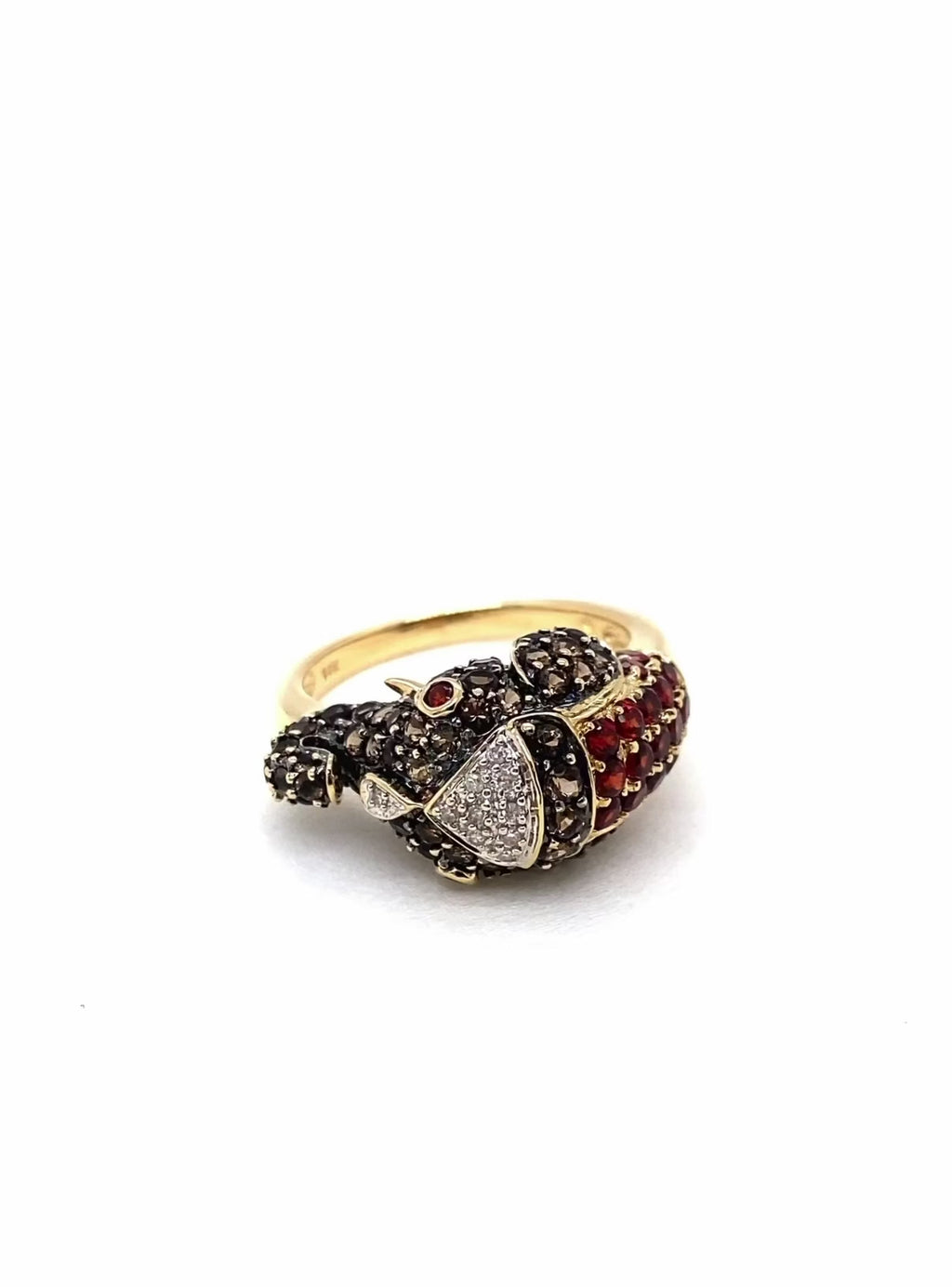 14K GOLD ELEPHANT HEAD DIAMOND, SMOKY QUARTZ & GARNET RING