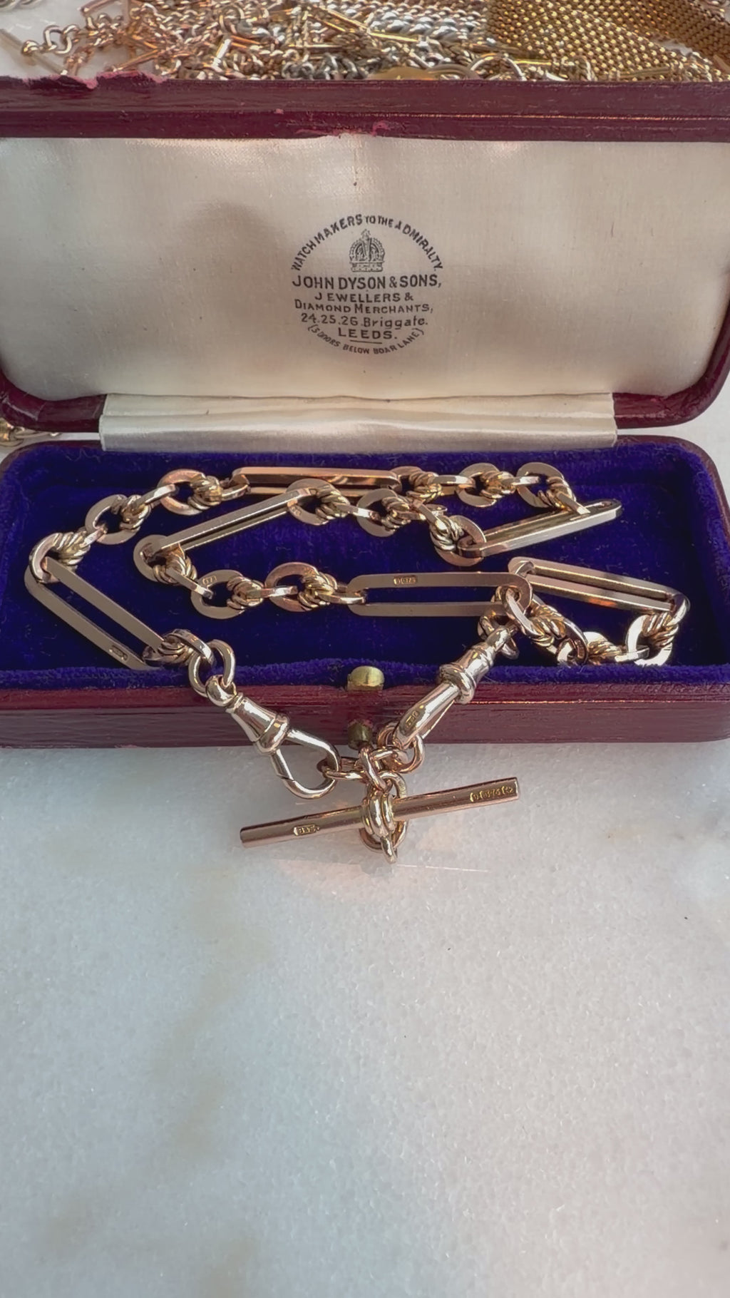 ANTIQUE 9CT GOLD TROMBONE & LOVERS KNOT DOUBLE ALBERT —BIRMINGHAM 1917