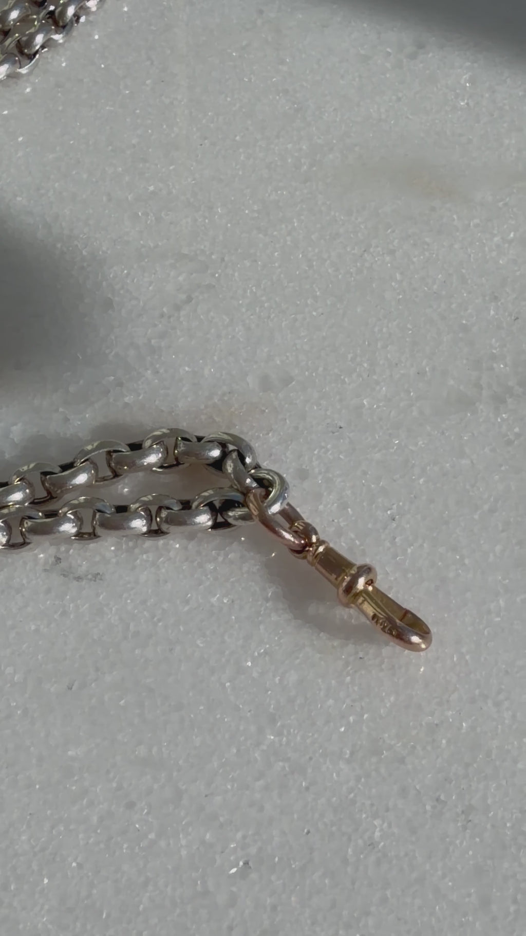 ANTIQUE SILVER GUARD CHAIN WITH 9CT GOLD DOG CLIP 28” 42gr.