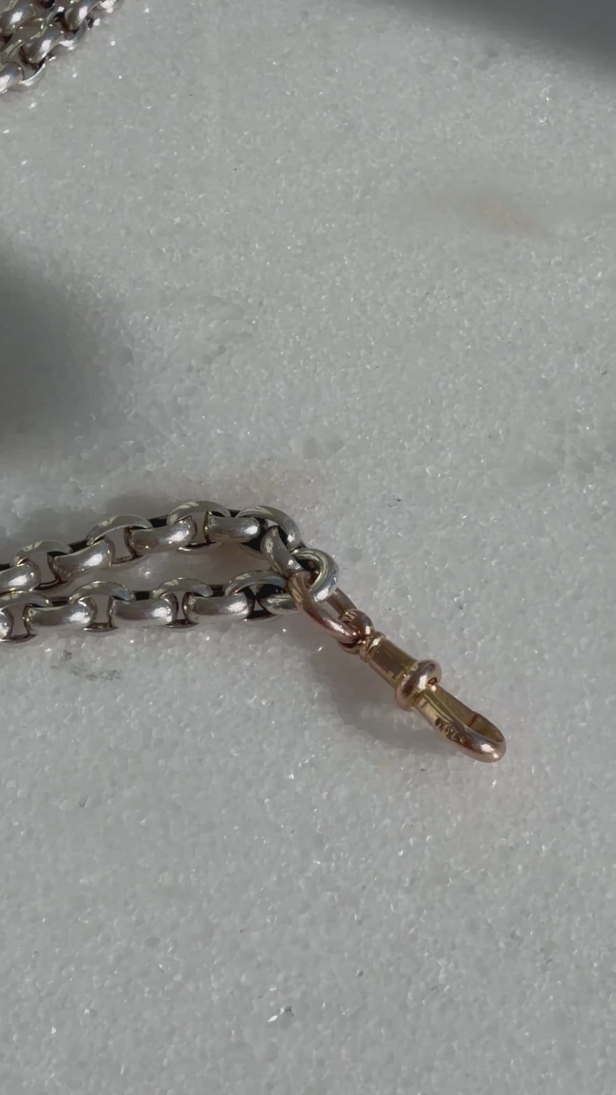 ANTIQUE SILVER GUARD CHAIN WITH 9CT GOLD DOG CLIP 28” 42gr.
