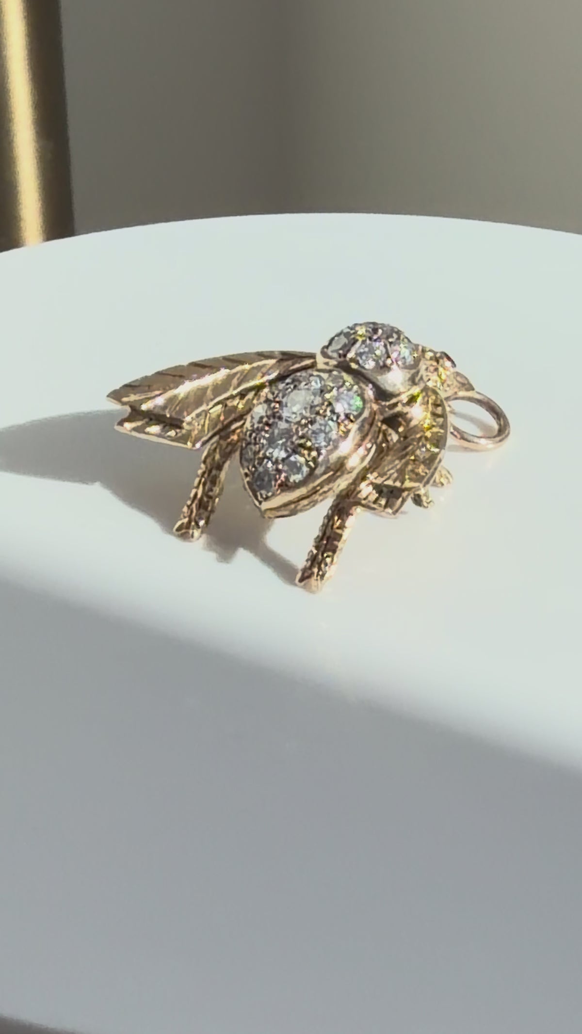 Vintage 14K Diamond Bee Pendant — Peridot Eyes