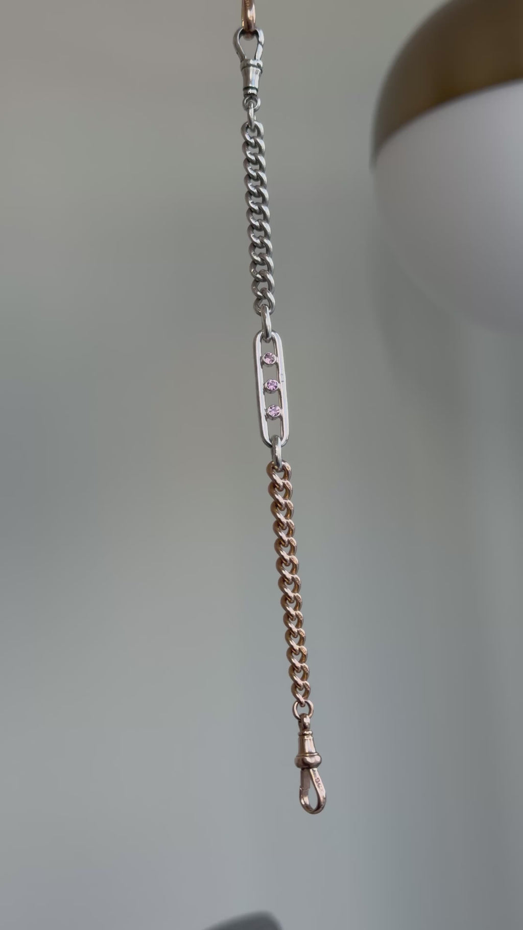 Antique 9ct gold, sterling silver and three pink tourmaline bracelet