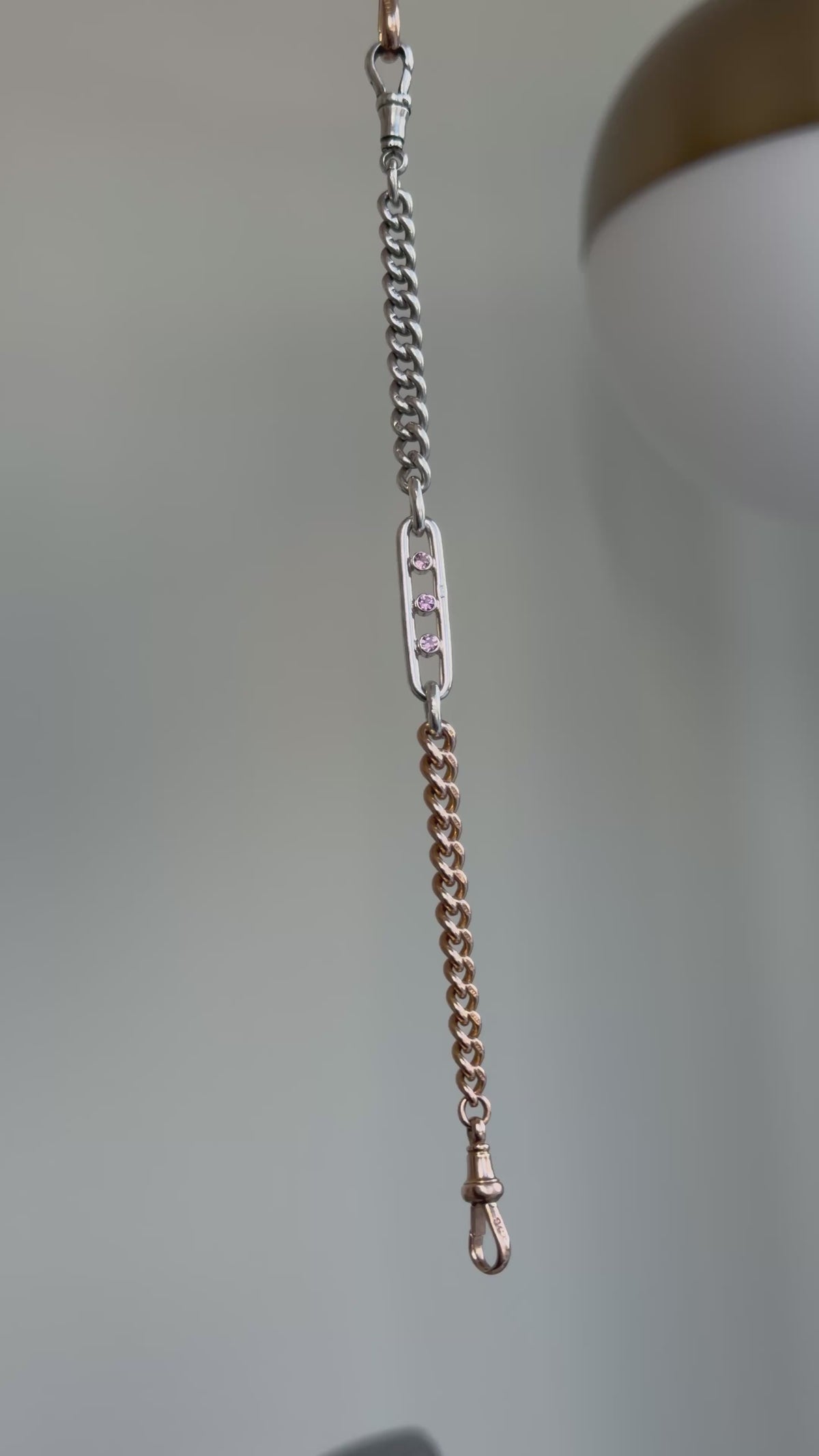 Antique 9ct gold, sterling silver and three pink tourmaline bracelet